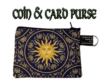 Beautifully detailed regal celestial sun & gold leaf Design Coin Purse Handmade from 100% Cotton Fabric great for cash cards Ideal Gift