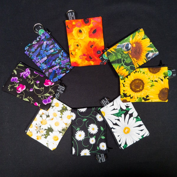 Pretty Floral Designs with Daisies, Sunflowers, Poppies, Sweet peas & lavender Coin Purses 100% Cotton great for cash cards coins