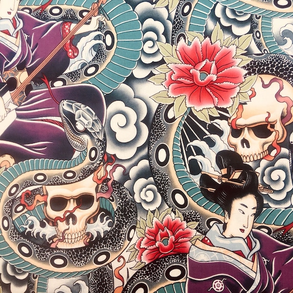 Authentic Traditional Zen Japanese Tattoo Design with Skulls Snakes and Flowers -  Alexander Henry 100% Cotton Fabric metre/yard
