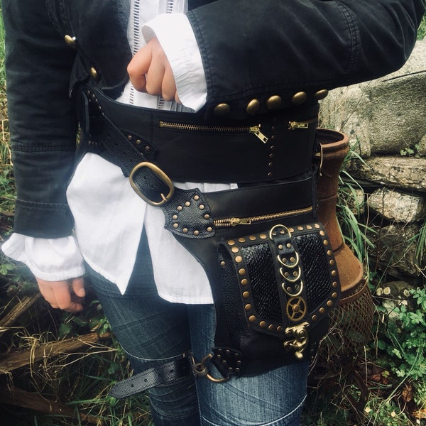Amazing Details on our Upcycled Leather Snakeskin Festival Hip Bag Utility Belt with Leg Strap, Steampunk details Pouch Holster, Harness