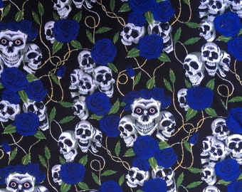 Day of the Dead Skulls & Blue Roses Designer Bandana Headband