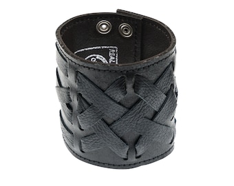 Wide Real Leather Wristband with plaited black leather Wrist Cuff, Bracelet, Arm Protector, Ideal for Larping, Viking Celtic Biker