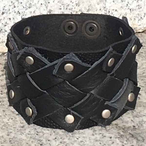 Real Leather Wide Wristband with hand plaited green leather. Wrist Cuff, Bracelet, Arm Protector, Larp, Viking Celtic Biker