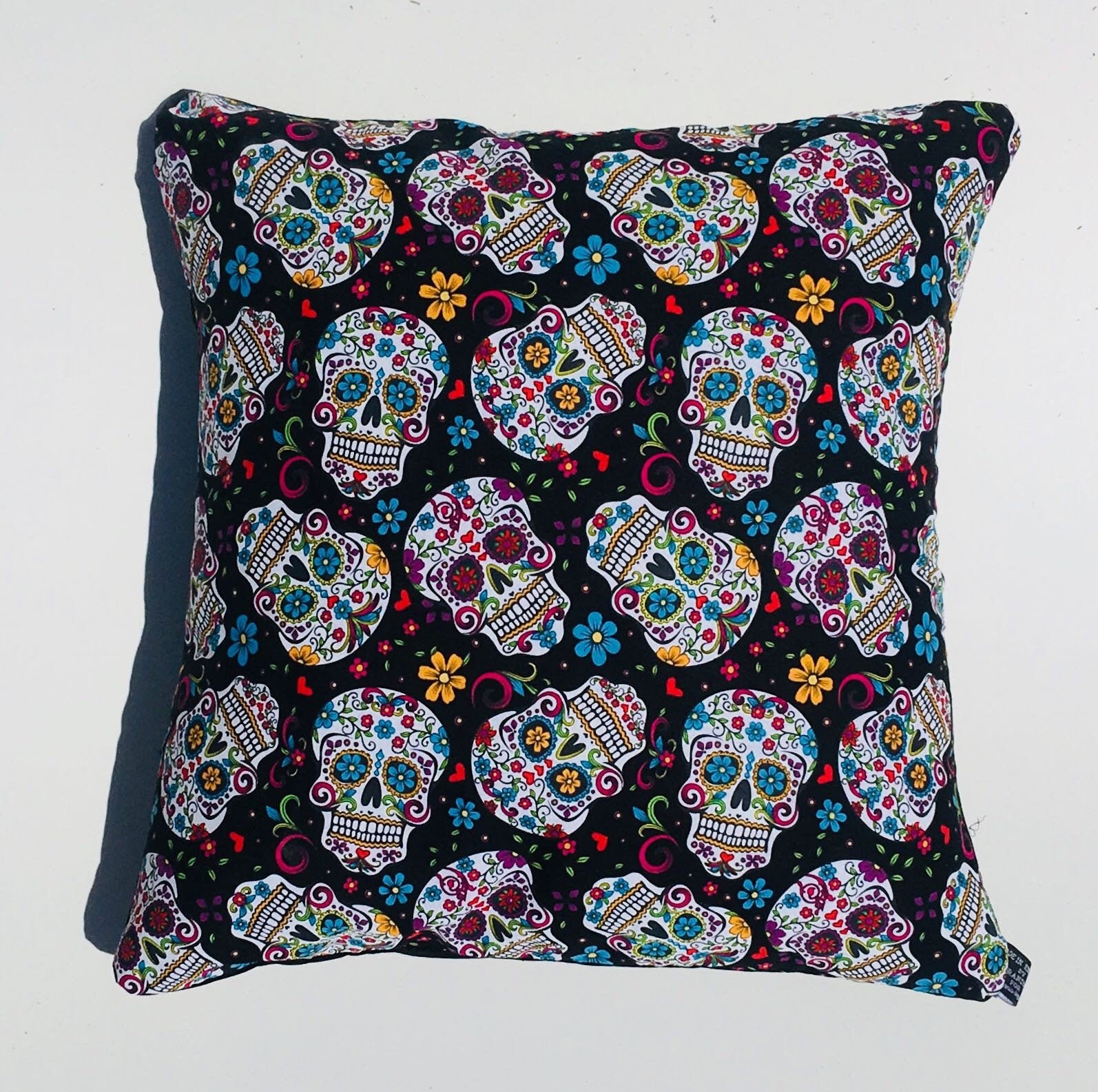 Hand Made Candy Skulls Black fabric Cushion Cover