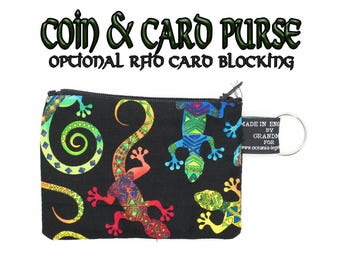 Gecko lizard design ~ Handmade  Purse~100% Cotton great for cash cards coins ~ with optional RFID Card Protection