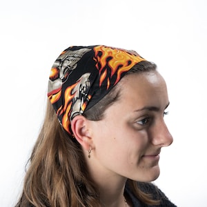 Skulls on Fire design ~ Elasticated headband handmade from 100% Cotton Fabric ~ Hair Tie Ladies Girls Fashion ~ Flaming Skulls Gothic Biker