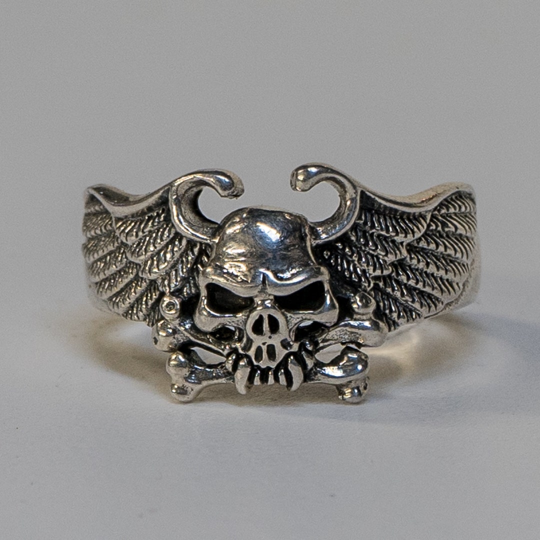 Skull & Crossbones Eagle Wing Ring .925 Sterling Silver
