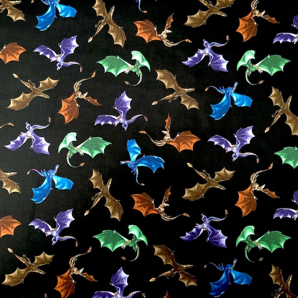 Flying Dragons in colour in our fabric made by Timeless Treasures 100% Cotton perfect for making clothing, costumes and accessories