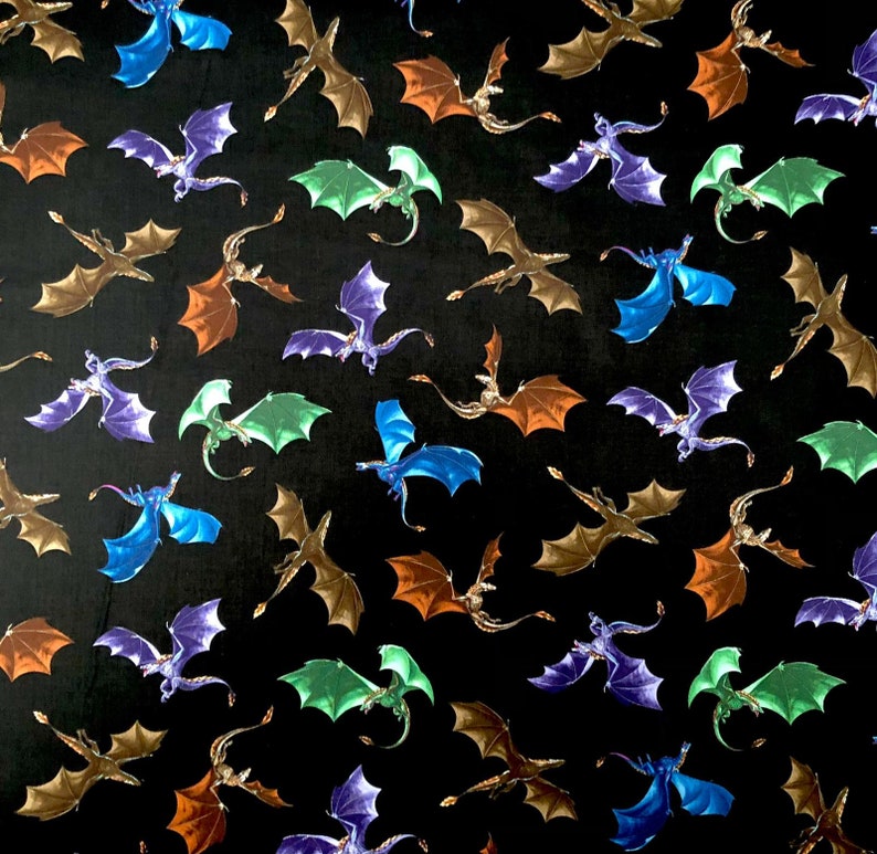 Flying Dragons in colour in our fabric made by Timeless Treasures 100% Cotton perfect for making clothing, costumes and accessories image 1