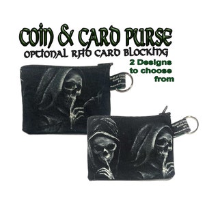 Grim Reaper ~ Monedero hecho a mano ~ 100% Algodón ideal para tarjetas de efectivo, monedas Regalo ideal ~ con protección de tarjeta RFID opcional Esqueleto de muerte gótica