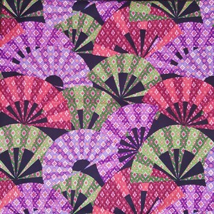 May include: A fabric with a repeating pattern of colorful fans. The fans are made up of green, pink, purple, and white geometric shapes.