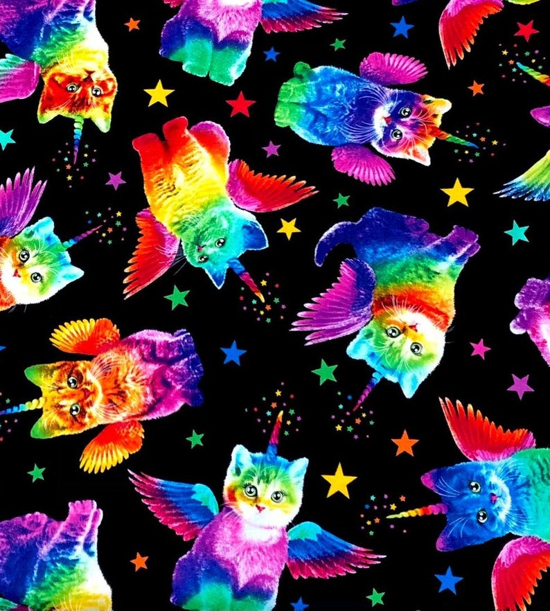 Funny funky Unicorn Pegasus Rainbow Cats Timeless Treasures 100/% Cotton Fabric perfect for making masks bandanas /& apparel