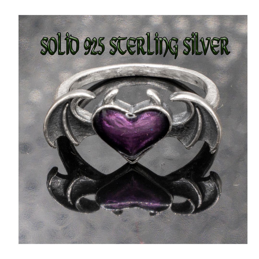 Devil Horned Heart Ring 925 Sterling Silver Ring & Purple Enamel