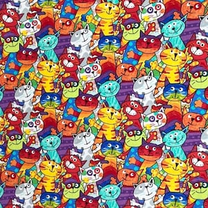 Fun Design with colourful alley cats in various poses on our square handmade bandana headband - Timeless Treasures 100% Cotton
