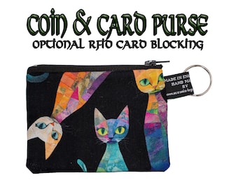 Diseño de gato acolchado ~ Monedero hecho a mano 100 % algodón ~ Ideal para guardar dinero, tarjetas, monedas, regalo ideal ~ INSERTO RFID OPCIONAL