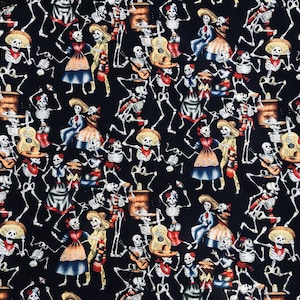 Day of the Dead Skeleton Dancing Band Designer material Perfect for clothing, costumes and accessories Timeless 100% Cotton fabric