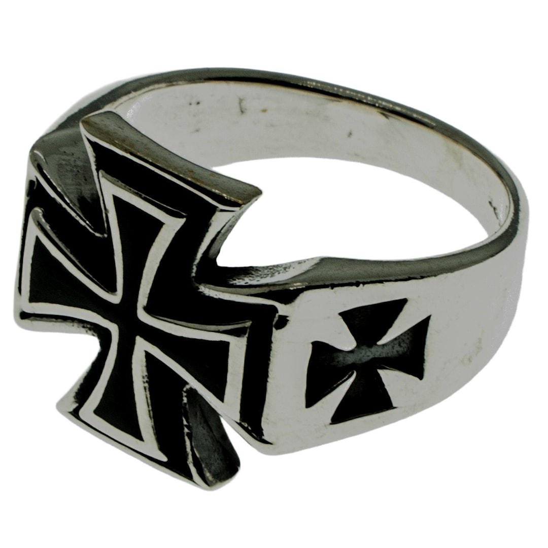 Iron Cross Ring .925 Solid Sterling Silver & Enamel Metal, Biker