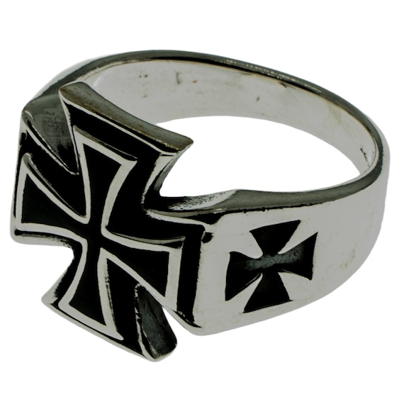 Iron Cross Ring .925 Solid Sterling Silver & Enamel Metal, Biker 