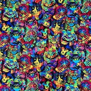 Fat Quarter Crazy Painted Cats Timeless Treasures 100% Cotton fabric perfect for making bandanas, apparel etc Feline Art Cat