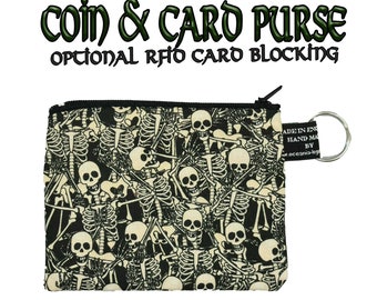 Dancing Skeleton Designer Coin Purses Handmade from Little Johnny 100% Cotton great for cash cards & coins with optional RFID protection