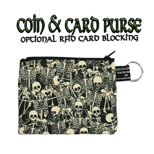 Dancing Skeleton Designer Coin Purses Handmade from Little Johnny 100% Cotton great for cash cards & coins with optional RFID protection