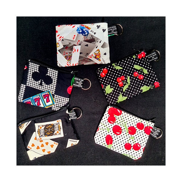 Casino Range of Coin Purses with 3D Playing Cards, Retro Cherries, Handmade from Little Johnny Timeless 100% Cotton great for cash cards