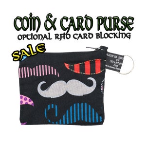 SALE - Mustache Geldbörse, Handgemacht aus 100% Baumwolle ideal für Geldkarten Münzen Ideales Geschenk mit optionalem RFID Card Blocker
