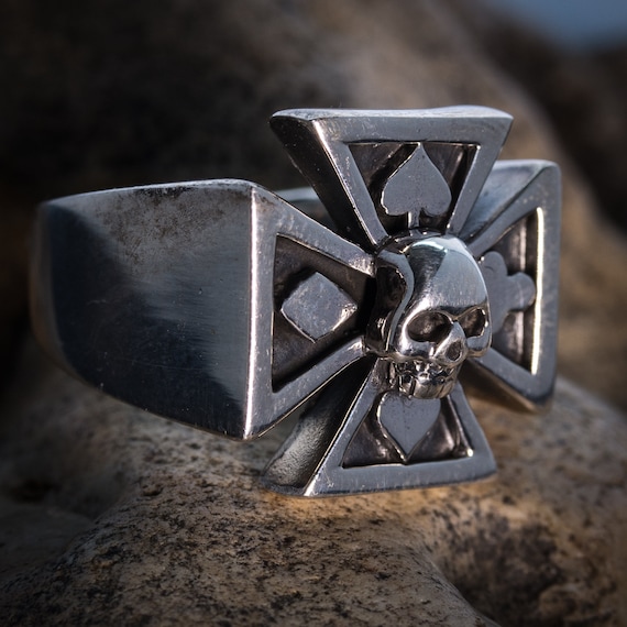 Iron Cross Skull Ring .925 Solid Sterling Silver. Casino Night 