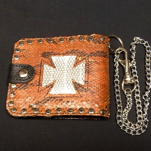 Cartera plegable de piel auténtica vintage de pitón africano y serpiente marina con cruz de hierro, con tarjeteros y llavero para cinturón hecho a mano en el Reino Unido