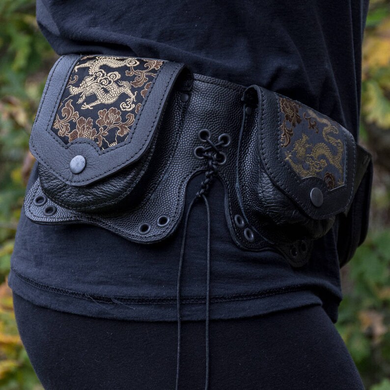 handmade leather,hip belt,pocket belt,festival clothing,steampunk,larp, Gift for him, Gift for her Utility Pouch Belt Dragon Satin Brocade