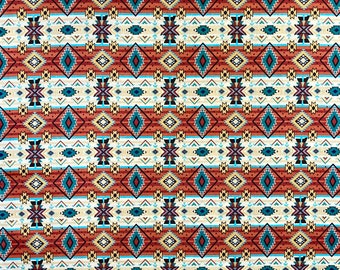 May include: A seamless pattern featuring a repeating geometric design in shades of red, orange, yellow, blue, and white. The pattern is reminiscent of Native American art and textiles.