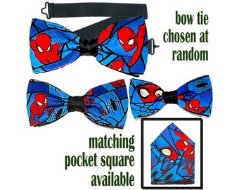 Spiderman superhero Bow Tie & Pocket Square perfect accessory for Weddings, Graduation, Prom or Christmas/New year Parties.  Great gift idea