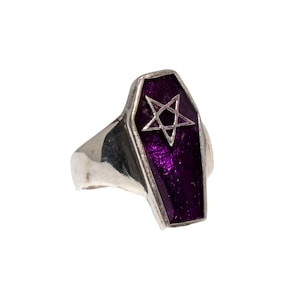 Purple Coffin Pentagram Ring .925 solid sterling silver  Satanic, Occult, Metal, Biker, Pagan, Gothic