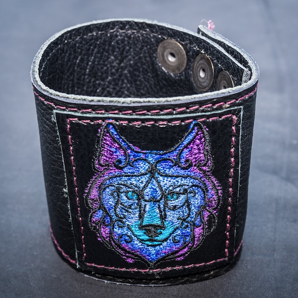 Beautifully Embroidered Celtic Wolf Leather Wrist Cuff/Wristband/Bracelet/Wrist Protector/Celtic/Gothic/Biker/Steampunk/Larp