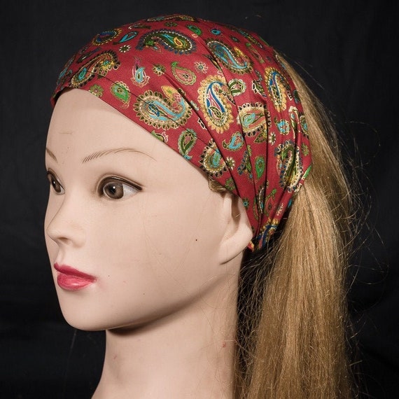 Beautiful Bright Red Gold Paisley Design on our handmade Headband Bandana  Hair Tie Ladies Girls Fashion Timeless Treasures Cotton