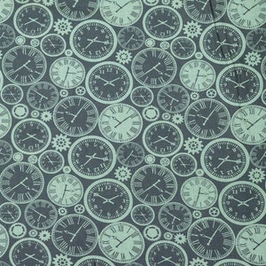 May include: A seamless pattern featuring a repeating design of green clocks with Roman numeral faces on a dark gray background. The clocks are of various sizes and are surrounded by small gears.