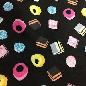 HALF MTR Classic Liquorice All Sorts Sweets FABRIC 100% cotton per metre or yard  perfect for making masks, bandanas by Craft Cotton