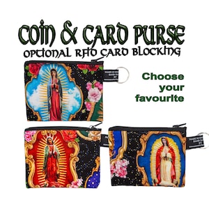 Hermosas representaciones de la Virgen María en marcos florales Monedero hecho a mano de Timeless Treasures 100% algodón ideal para efectivo, tarjetas, monedas