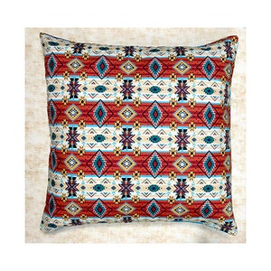 May include: A square throw pillow with a geometric pattern in shades of red, orange, yellow, blue, and white. The pattern is reminiscent of Native American art.
