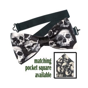 Gothic Skull Bow Tie & Pocket Square perfect accessory for Weddings, Graduation, Prom or Christmas/New year Parties. Great gift idea