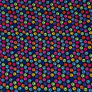 May include: A black fabric with a repeating pattern of colorful paw prints. The paw prints are in various shades of pink, blue, green, yellow, and orange.