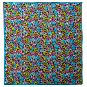 May include: A square pocket square with a repeating pattern of cartoon skulls in blue, purple, green, and yellow. The pocket square has a bright blue border.