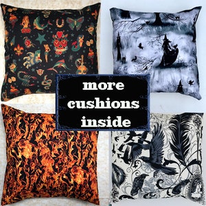 May include: Four decorative throw pillows with different designs. The first pillow has a black background with colourful tattoo-style images. The second pillow has a black and white design with a foggy forest scene and two witches. The third pillow has a fiery orange and yellow design. The fourth pillow has a white background with black and grey floral and bird designs. The text "more cushions inside" is displayed in a black box.