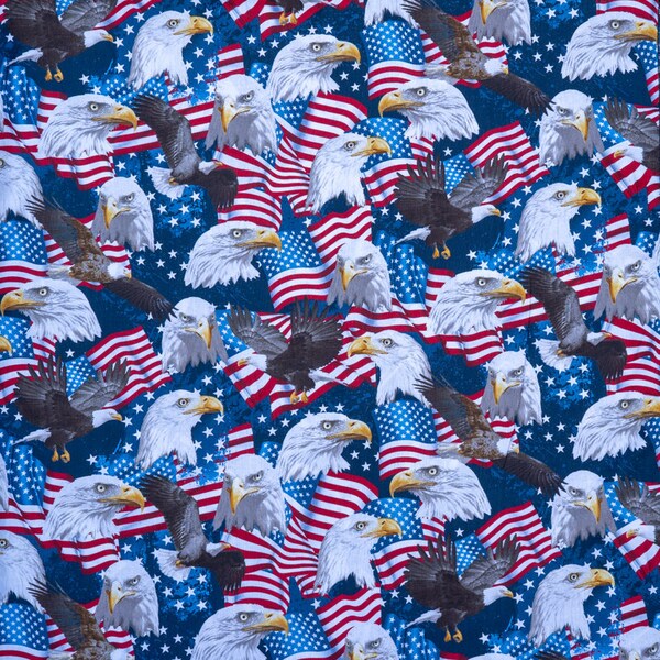 Tissu Fat Quarter avec un motif patriotique d'étoiles, de rayures et de pygargues à tête blanche - Timeless Treasures 100 % coton parfait pour les bandanas, les masques, etc.