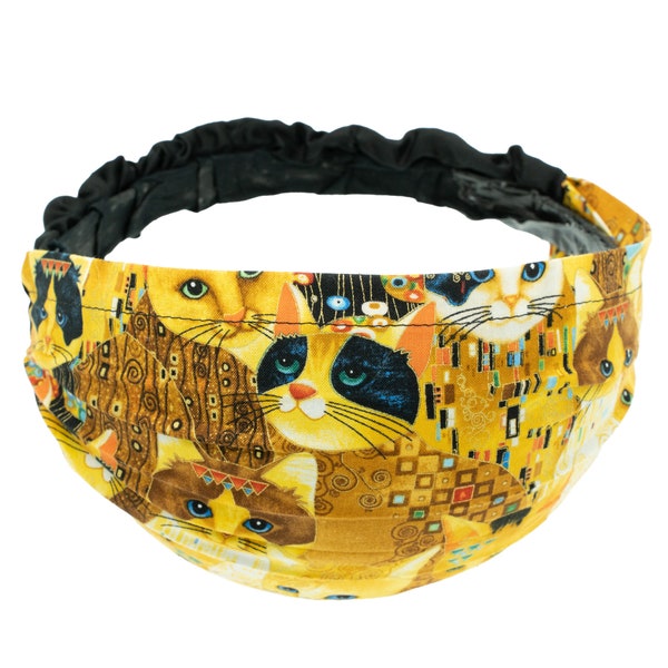 Bandeau élastique de créateur chat avec bijoux dorés, idéal pour porter un bandana de chimio inspiré des larmes d'or de Gustav Klimt