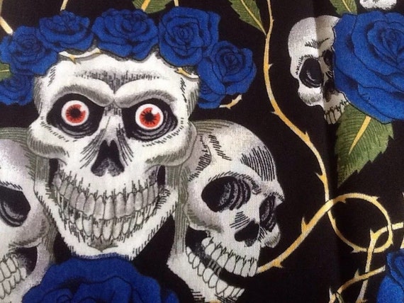 Day of the Dead Skulls & Blue Roses Designer Bandana Headband