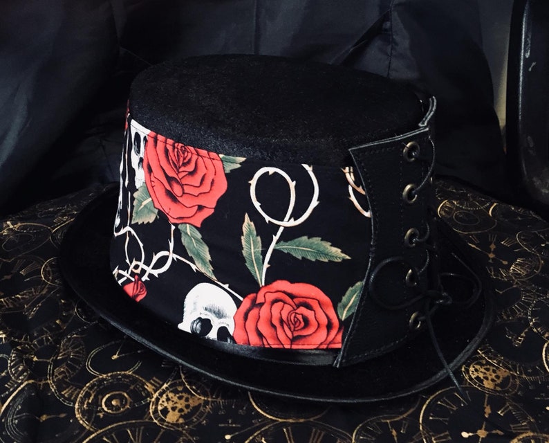 Red Rose & Skull Steampunk Hat Victorian Corset Gothic Tophat Leather 100% Cotton Fabric image 4