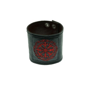 Wide Leather Wristband/Cuff with a Nordic Compass Embroidered on, Vegvisir, Viking Cuff, Arm Protector, Bracelet  Biker Gothic Celtic