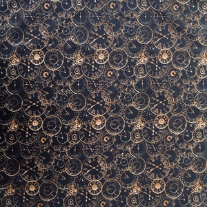 May include: A repeating pattern of antique clock faces in gold and bronze tones on a dark navy blue backdrop. The clock faces vary in size and are arranged in a dense, overlapping design, creating a vintage aesthetic.