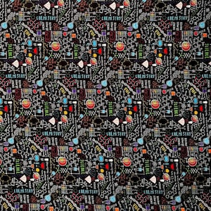 May include: A black fabric featuring a repeating pattern of colourful science-themed illustrations including chemistry beakers, flasks, DNA strands, molecular structures, and the words CHEMISTRY and SCIENCE printed in various bright colours.